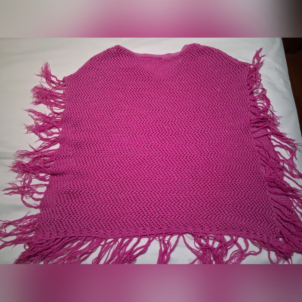 Hot Pink Crochet Glitter Fringe Poncho Shrug - Mermaidcore Festival Boho Mesh - Picture 8 of 8
